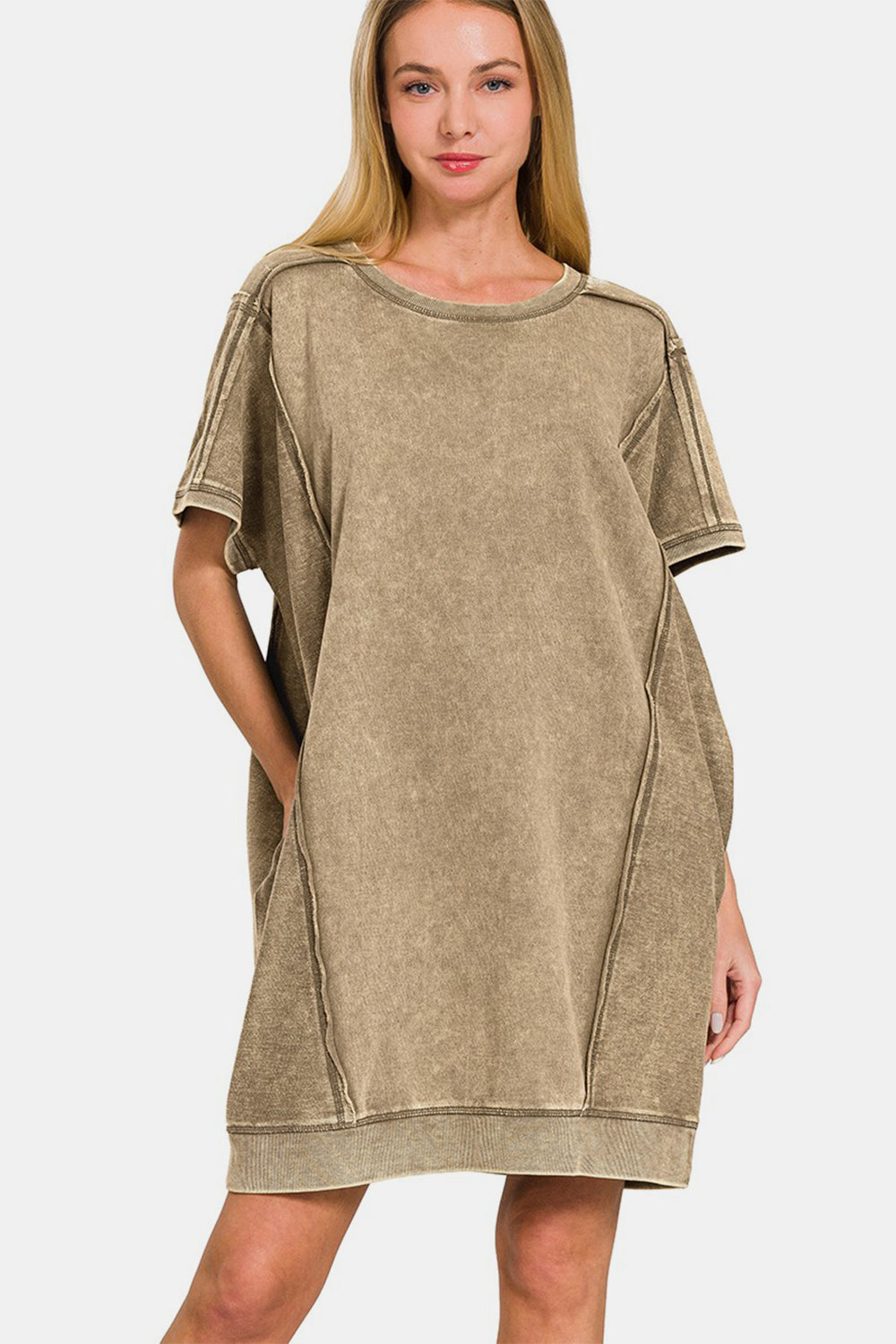 Zenana Washed Exposed Seam Mini Tee Dress-Teresa&#39;s Fashionista LLC