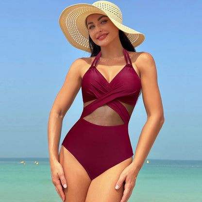 Halter-neck One-piece Swimsuit Summer Solid Color Cross-strap Design Mesh Bikini Beach Vacation Womens Clothing-Teresa&#39;s Fashionista LLC