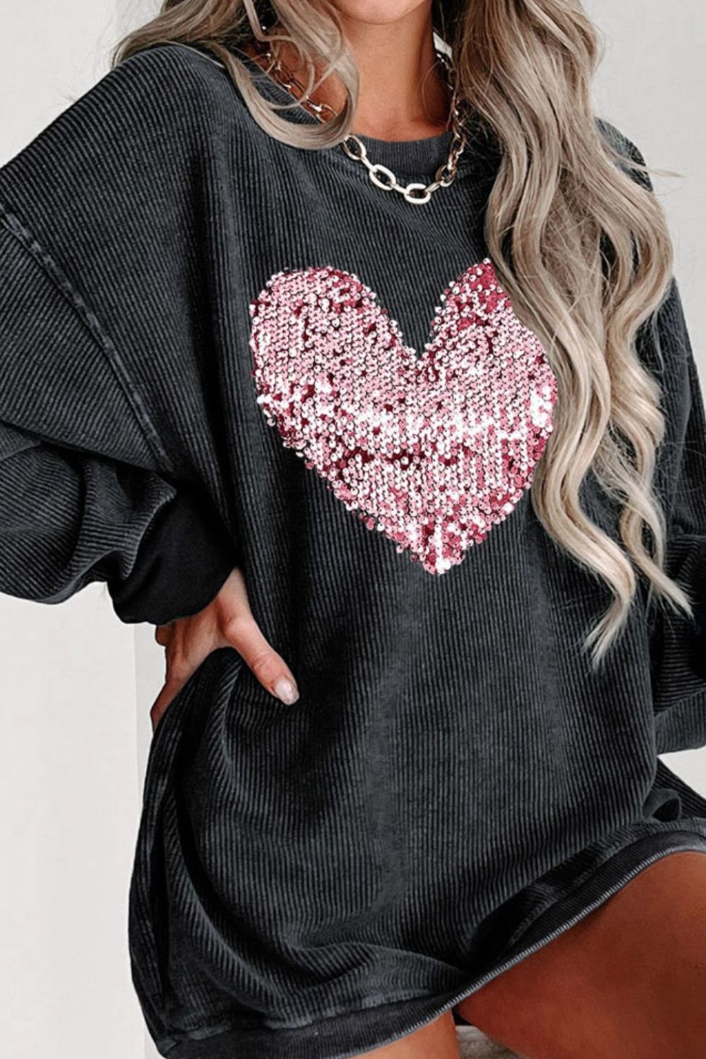 Valentine’s Day Sequin Heart Round Neck Long Sleeve Sweatshirt