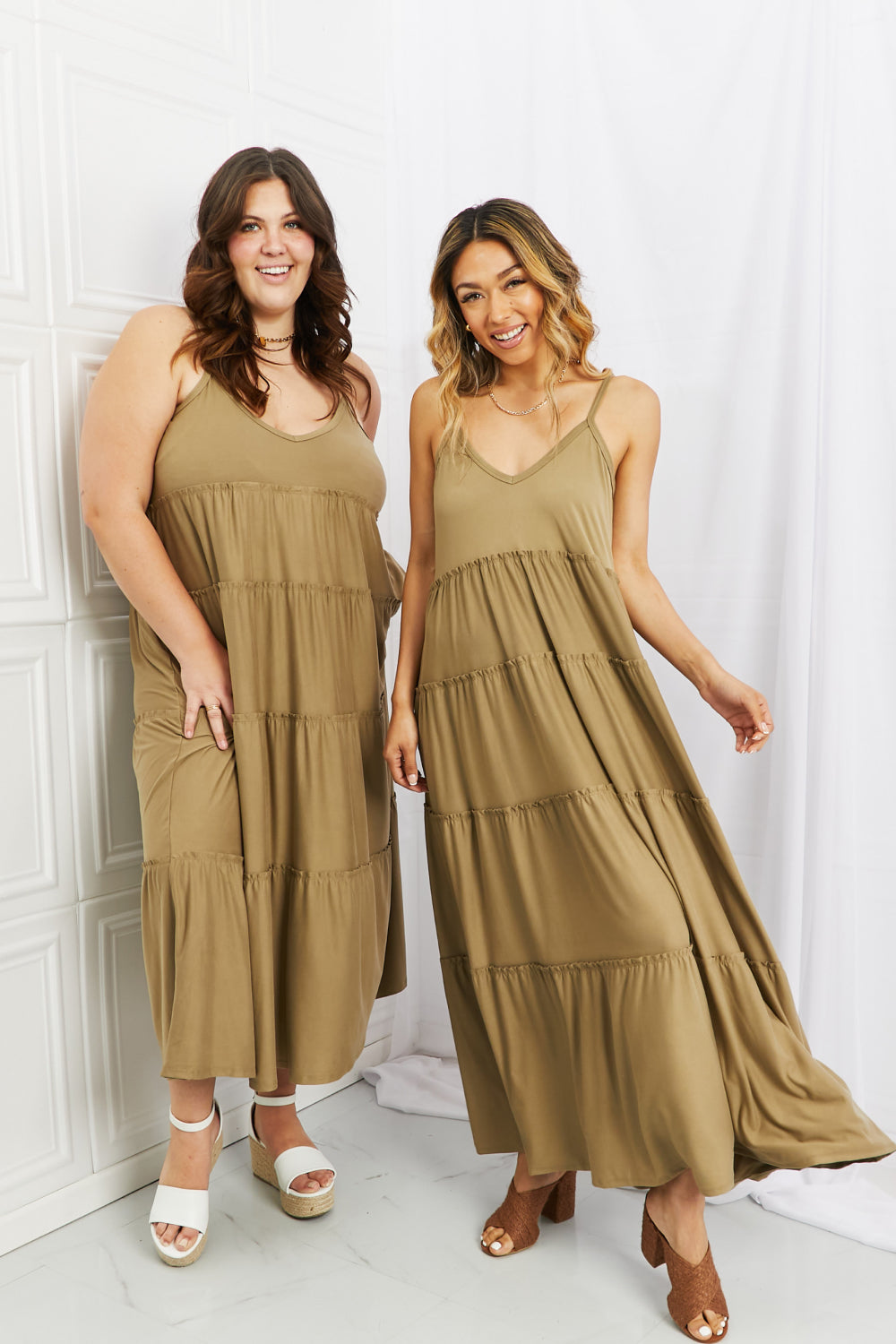 Zenana Full Size Spaghetti Strap Tiered Dress with Pockets in Khaki-Teresa&#39;s Fashionista LLC