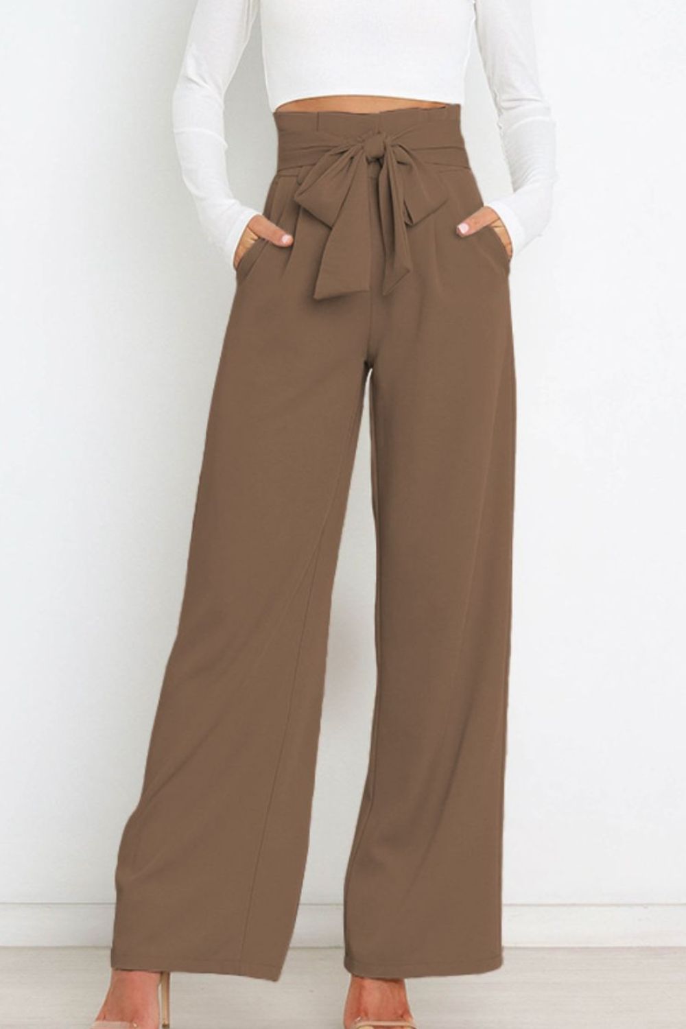 Tie Front Paperbag Wide Leg Pants-Teresa&#39;s Fashionista LLC