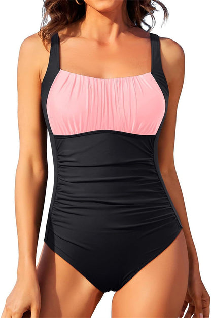 Sexy Square Neck One-piece Bikini Summer New Solid Color Pleated Design Swimsuit Beach Vacation Womens Clothing-Teresa&#39;s Fashionista LLC