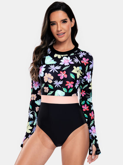 Flower Round Neck Long Sleeve One-Piece Swimwear-Teresa&#39;s Fashionista LLC