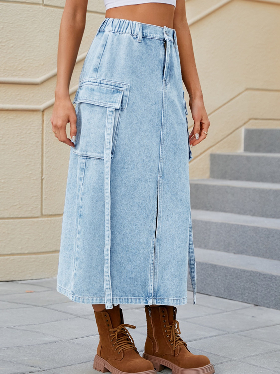 Slit Pocketed High Waist Denim Skirt-Teresa&#39;s Fashionista LLC