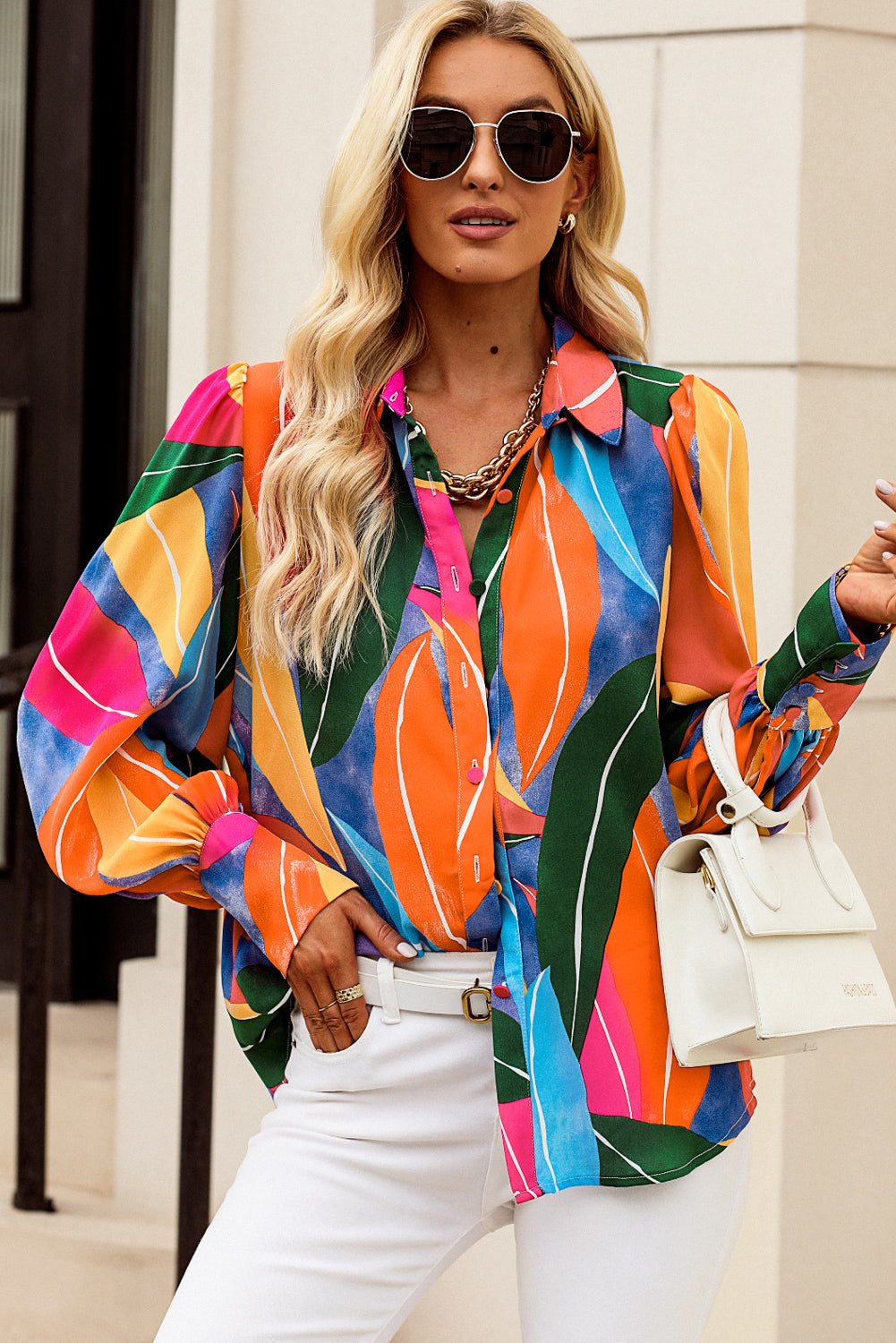 Printed Bishop Sleeve Collared Shirt-Teresa&#39;s Fashionista LLC