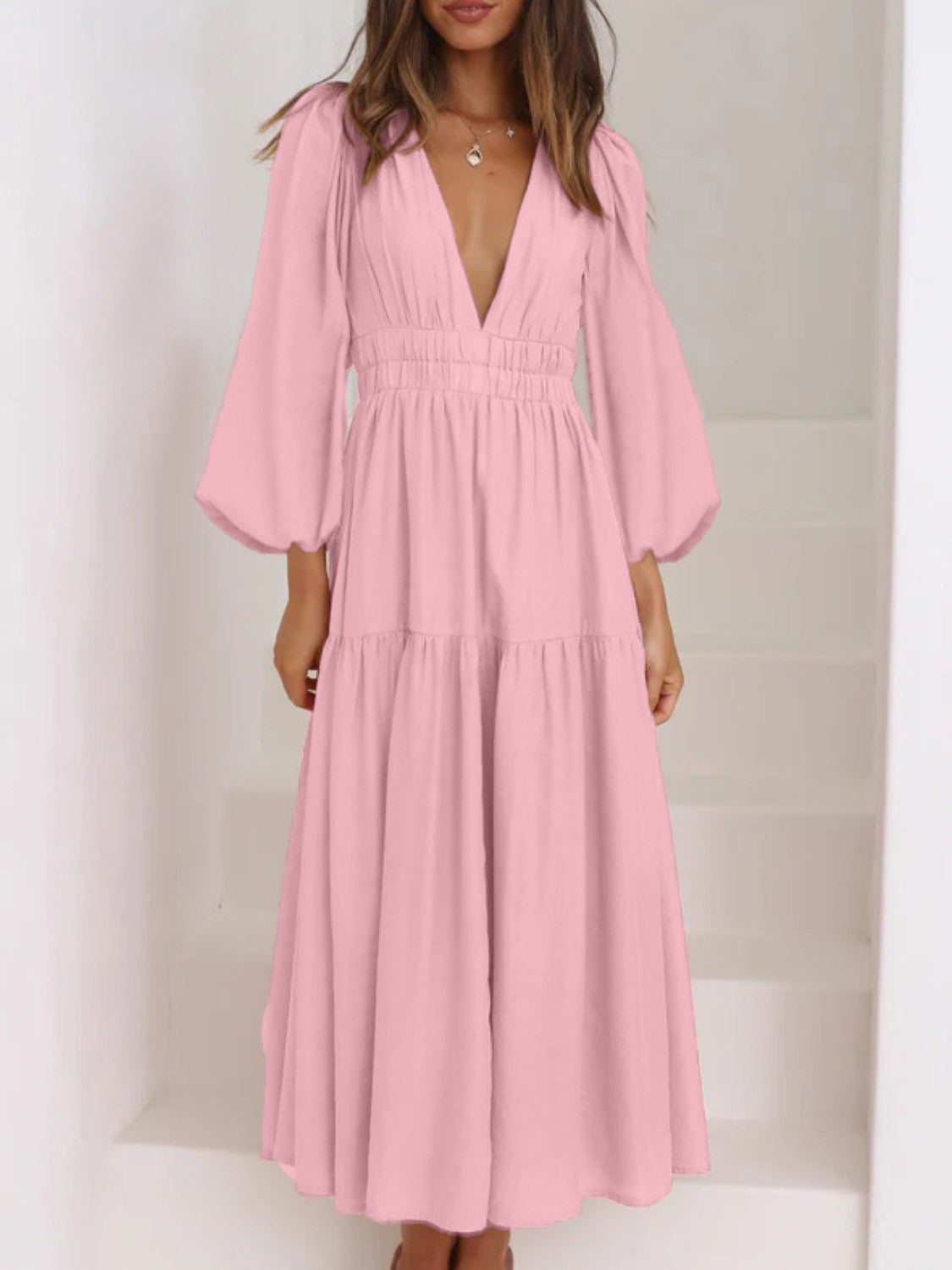 Deep V-Neck Balloon Sleeve Plain Maxi Dress-Teresa&#39;s Fashionista LLC