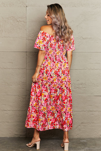 Floral Off-Shoulder Frill Trim Maxi Dress-Teresa&#39;s Fashionista LLC