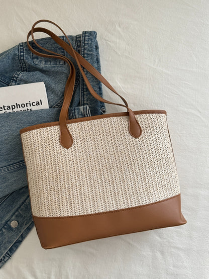 Contrast Straw Woven Tote Bag-Teresa&#39;s Fashionista LLC