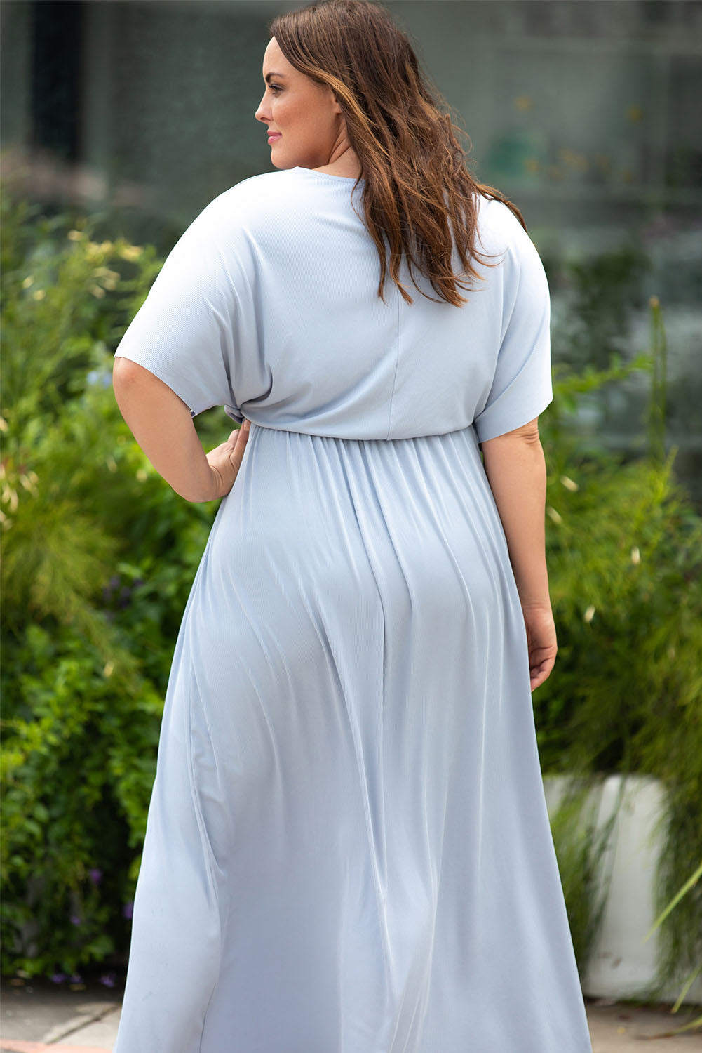 Plus Size Round Neck Split Flutter Sleeve Maxi Dress-Teresa&#39;s Fashionista LLC