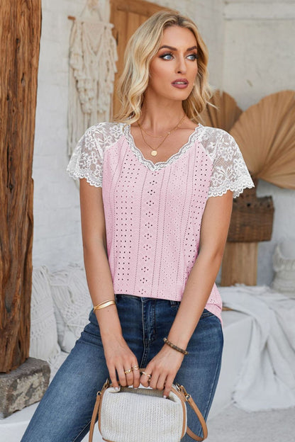 Eyelet V-Neck Lace Short Sleeve T-Shirt-Teresa&#39;s Fashionista LLC