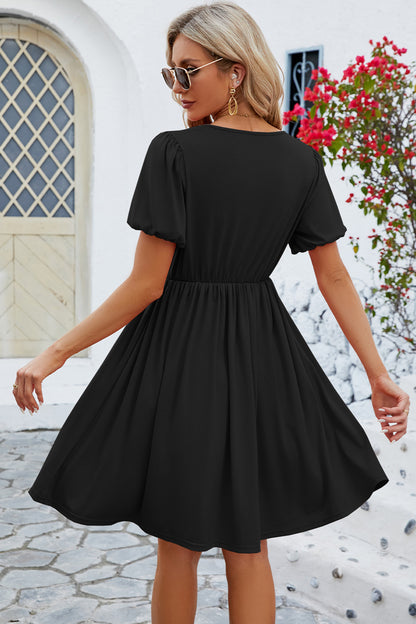 V-Neck Balloon Short Sleeve Dress-Teresa&#39;s Fashionista LLC