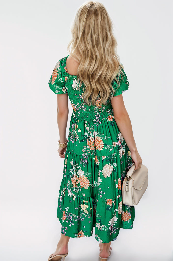 Smocked Printed Puff Sleeve Midi Dress-Teresa&#39;s Fashionista LLC