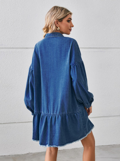 Button Up Pocketed Raw Hem Denim Dress-Teresa&#39;s Fashionista LLC