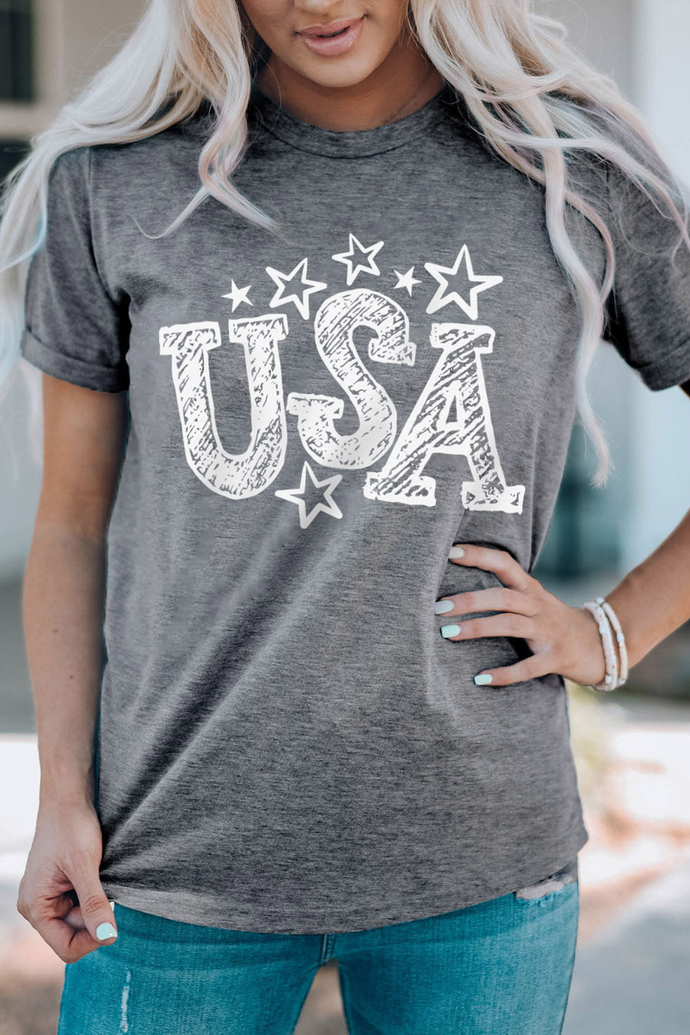 USA Star Graphic Round Neck Tee-Teresa&#39;s Fashionista LLC