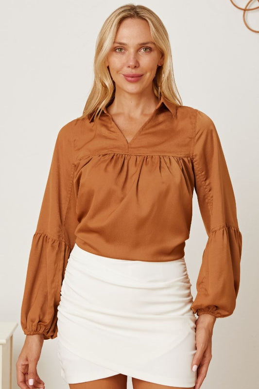 Balloon Sleeve Collared Neck Blouse - Teresa's Fashionista LLC