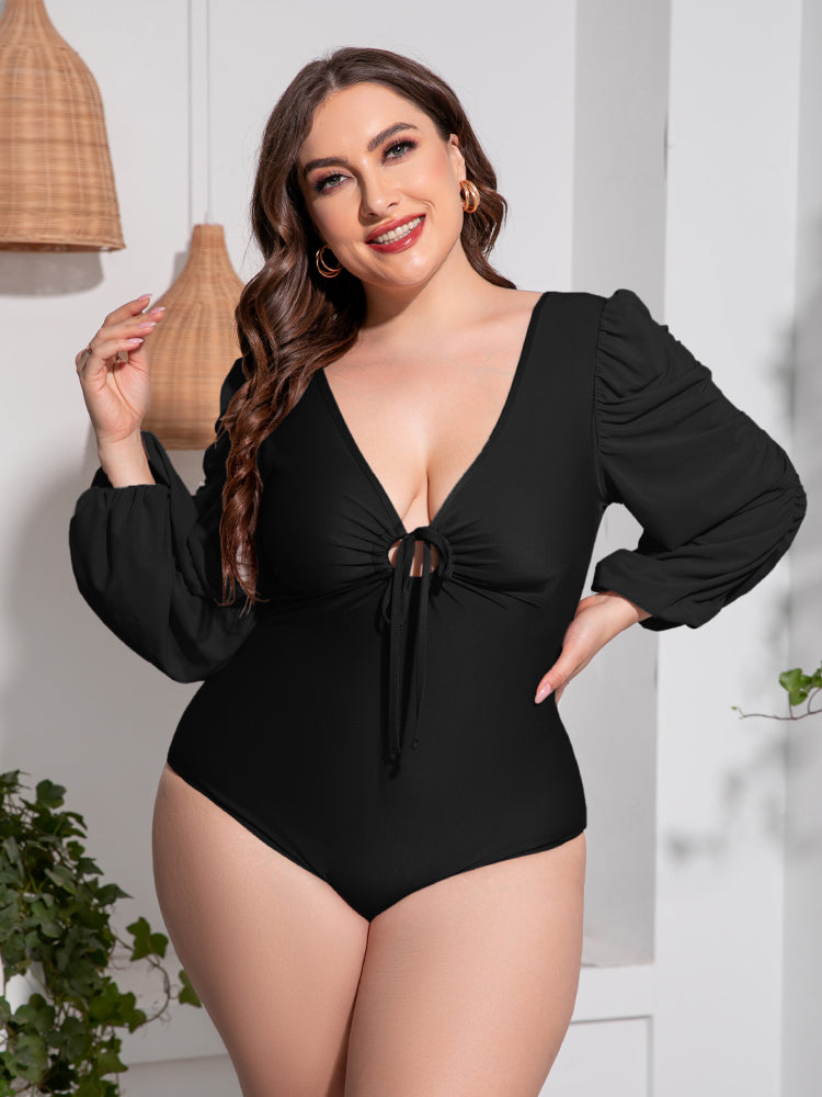 Plus Size Tied Deep V Balloon Sleeve One-Piece Swimsuit-Teresa&#39;s Fashionista LLC