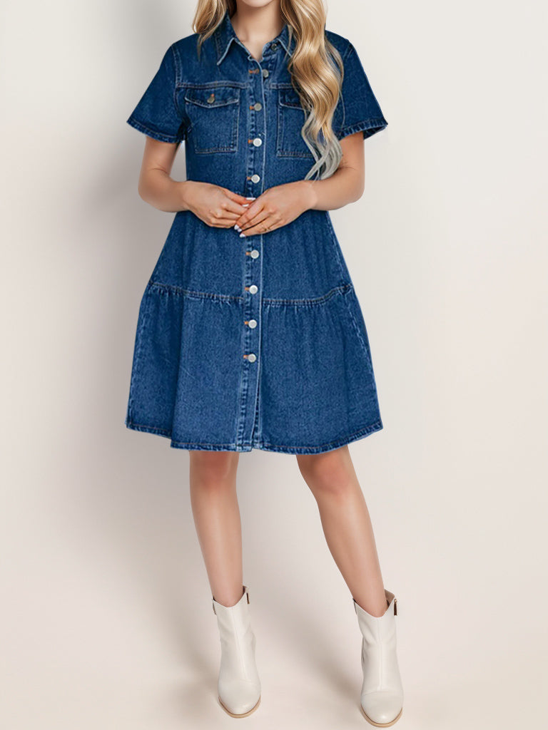 Button Up Short Sleeve Denim Dress-Teresa&#39;s Fashionista LLC