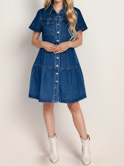 Button Up Short Sleeve Denim Dress-Teresa&#39;s Fashionista LLC