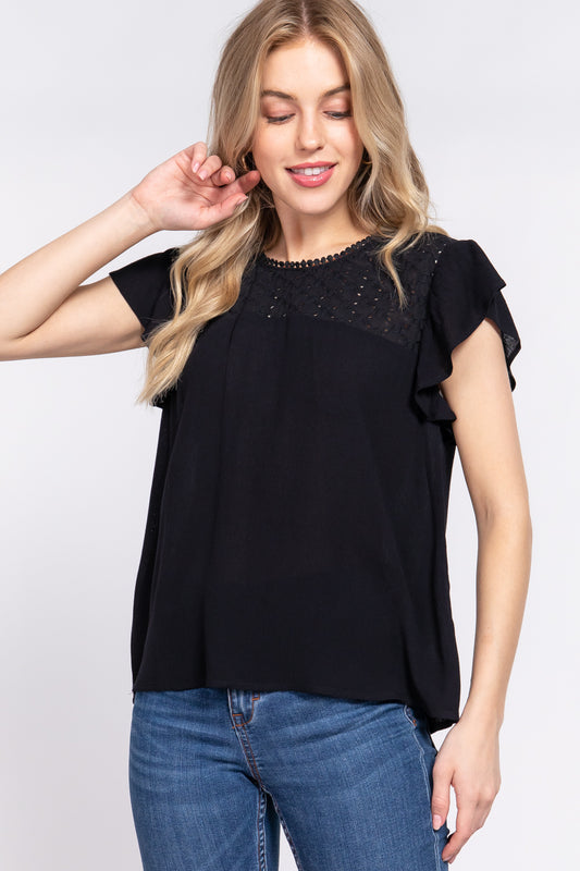 ACTIVE BASIC Ruffle Short Sleeve Crochet Blouse-Teresa&#39;s Fashionista LLC