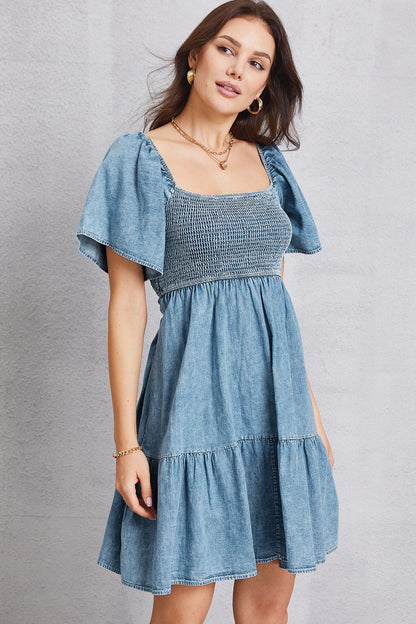 Smocked Square Neck Mini Denim Dress-Teresa&#39;s Fashionista LLC