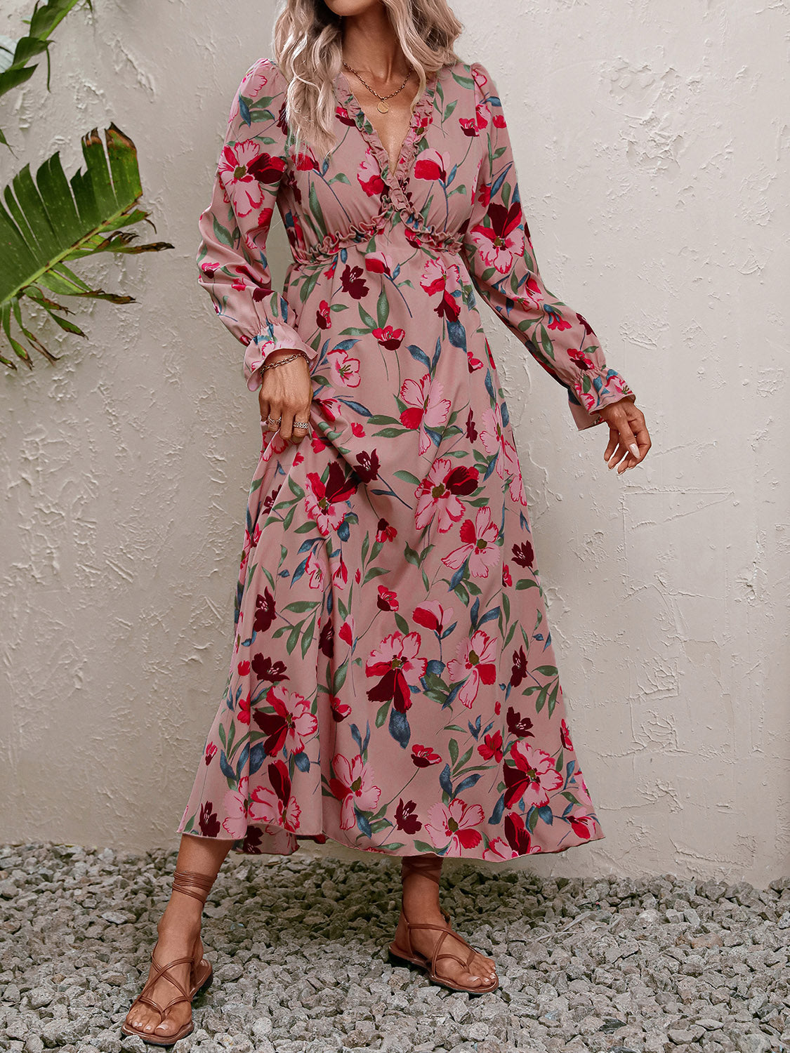 Floral Frill Trim V-Neck Maxi Dress-Teresa&#39;s Fashionista LLC