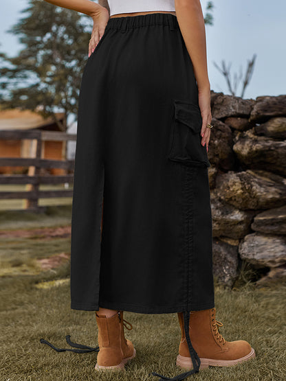 Drawstring Denim Skirt with Pockets-Teresa&#39;s Fashionista LLC