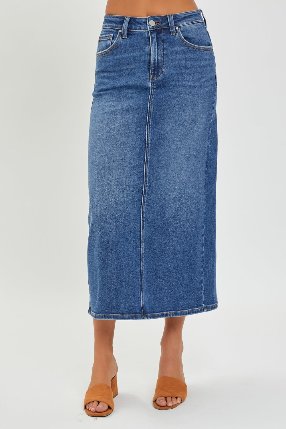 RISEN High Rise Back Slit Denim Skirt-Teresa&#39;s Fashionista LLC