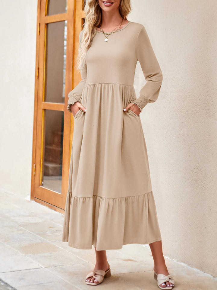 Round Neck Lantern Sleeve Ruffle Hem Dress-Teresa&#39;s Fashionista LLC