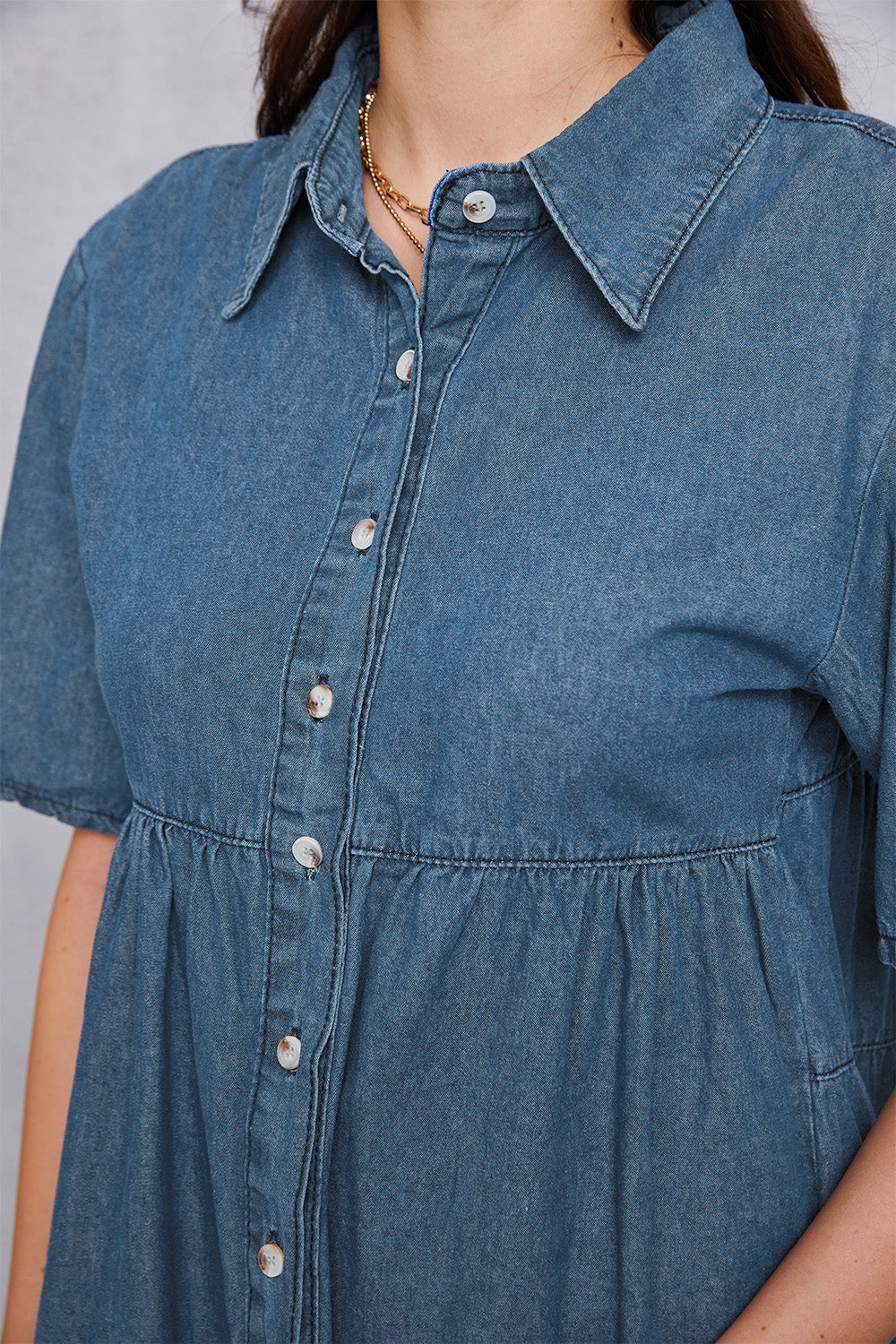 Button Up Collared Neck Tiered Denim Dress-Teresa&#39;s Fashionista LLC