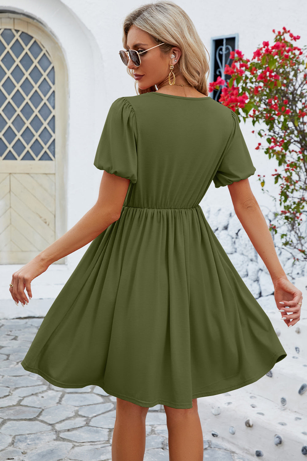 V-Neck Balloon Short Sleeve Dress-Teresa&#39;s Fashionista LLC