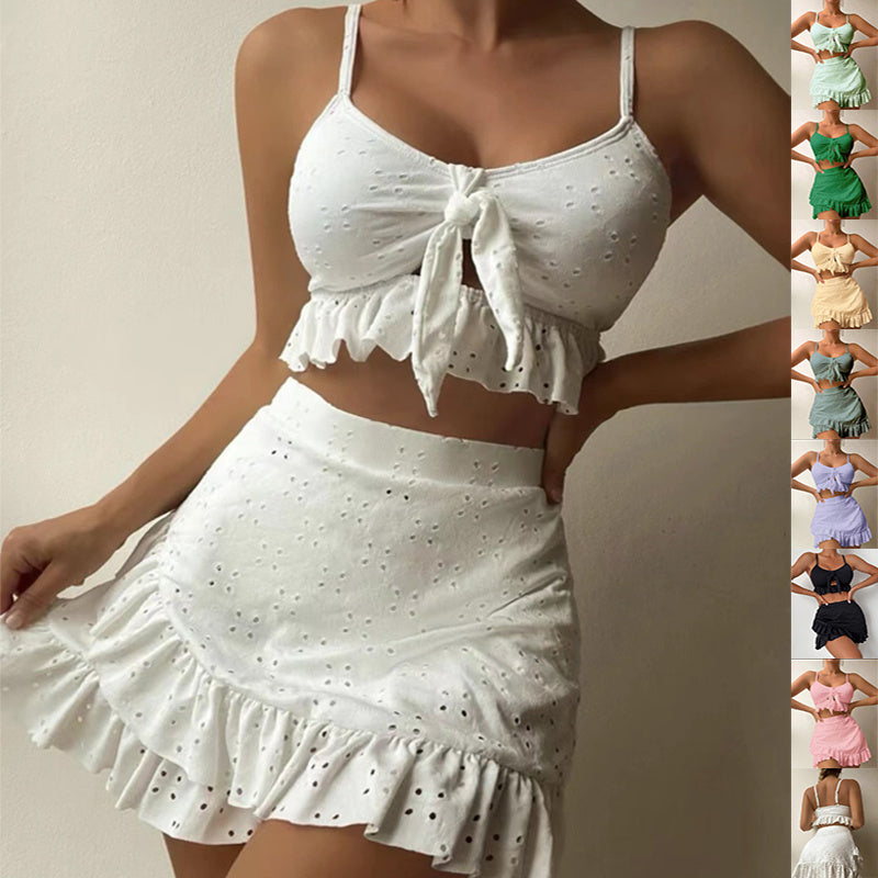 3pcs Beach Bikini With Hip-hugging Skirt Fashion Ruffle Design Swimsuit Set Summer Womens Clothing-Teresa&#39;s Fashionista LLC