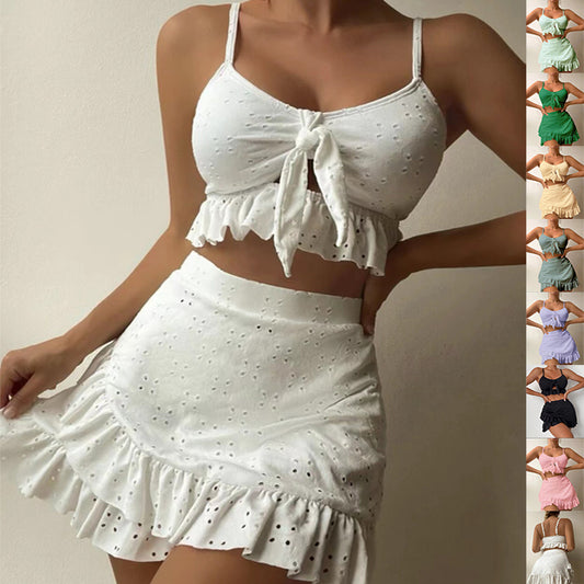 3pcs Beach Bikini With Hip-hugging Skirt Fashion Ruffle Design Swimsuit Set Summer Womens Clothing - Teresa's Fashionista LLC