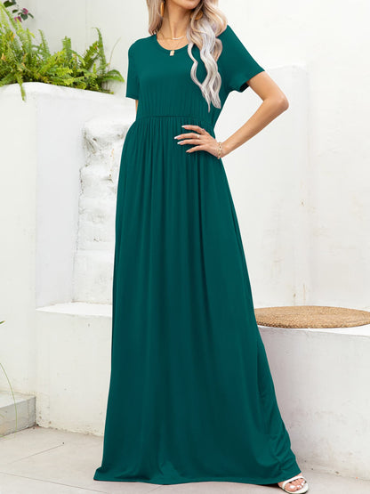 Round Neck Short Sleeve Maxi Dress with Pockets-Teresa&#39;s Fashionista LLC