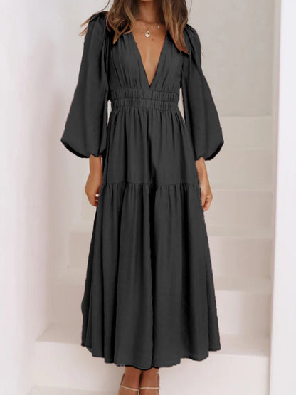 Deep V-Neck Balloon Sleeve Plain Maxi Dress-Teresa&#39;s Fashionista LLC