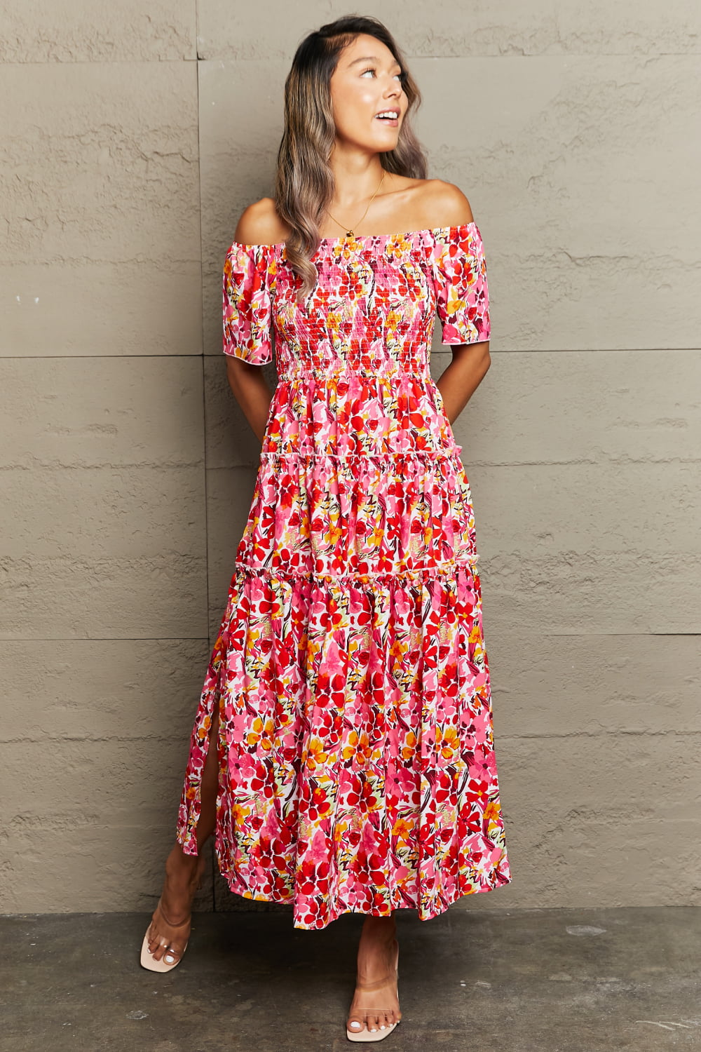 Floral Off-Shoulder Frill Trim Maxi Dress-Teresa&#39;s Fashionista LLC