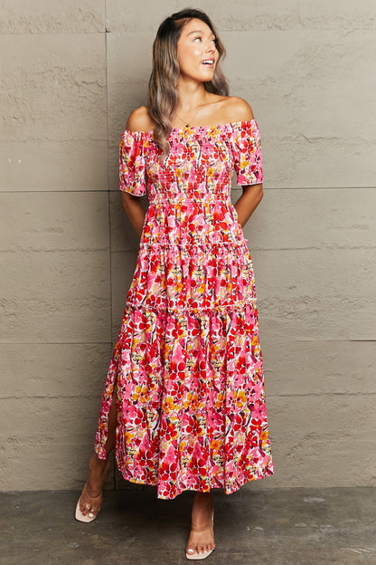 Floral Off-Shoulder Frill Trim Maxi Dress-Teresa&#39;s Fashionista LLC