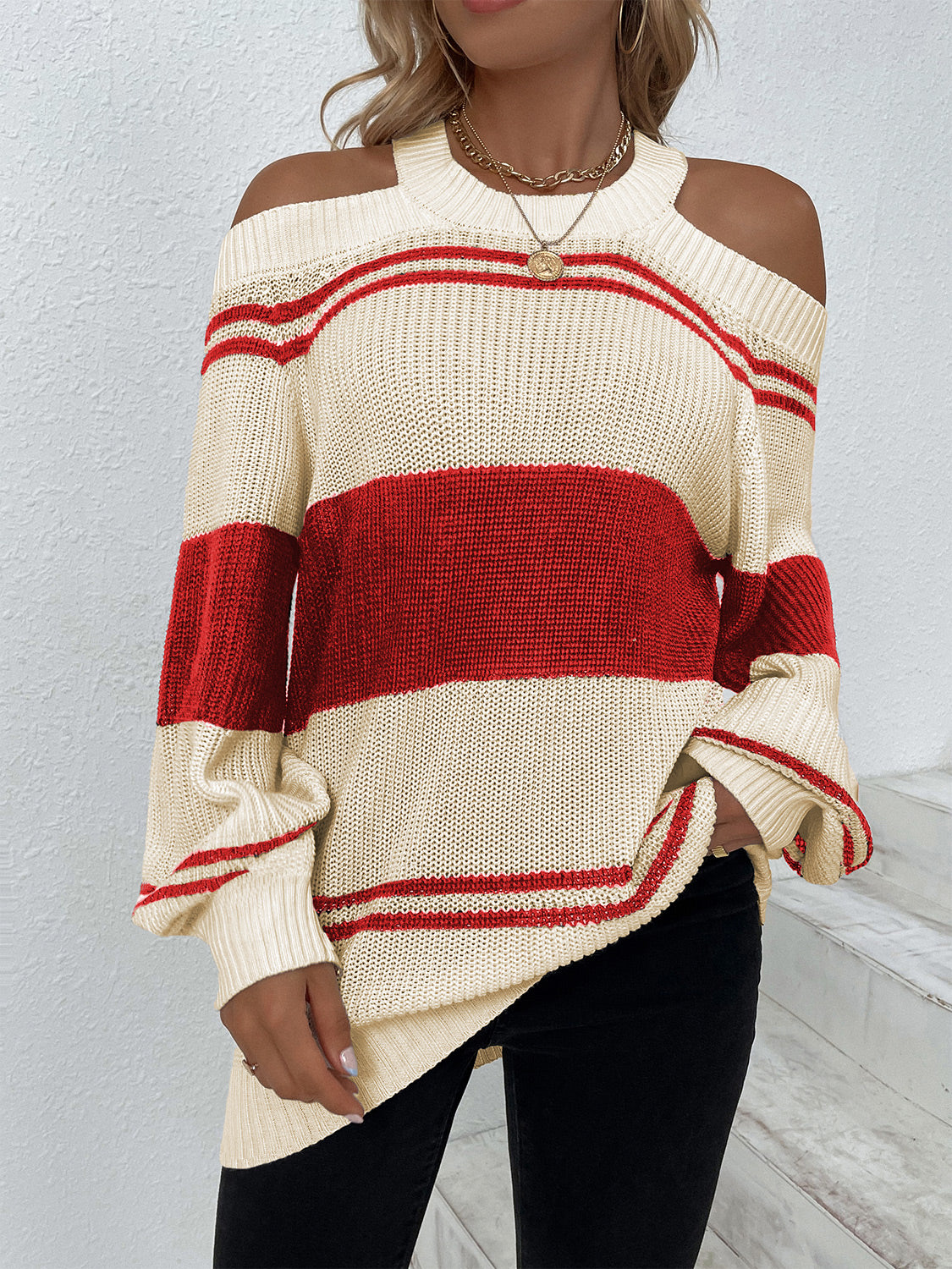 Color Block Striped Cold Shoulder Sweater-Teresa&#39;s Fashionista LLC