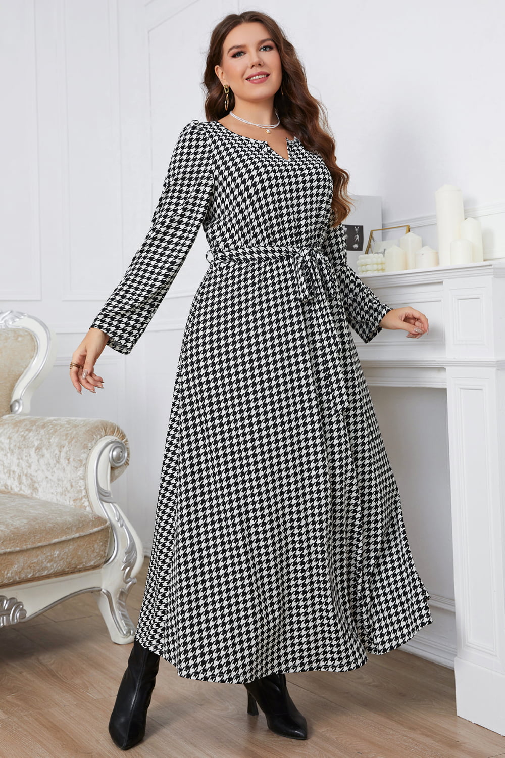 Melo Apparel Plus Size Notched Neck Houndstooth Tie Belt Maxi Dress-Teresa&#39;s Fashionista LLC