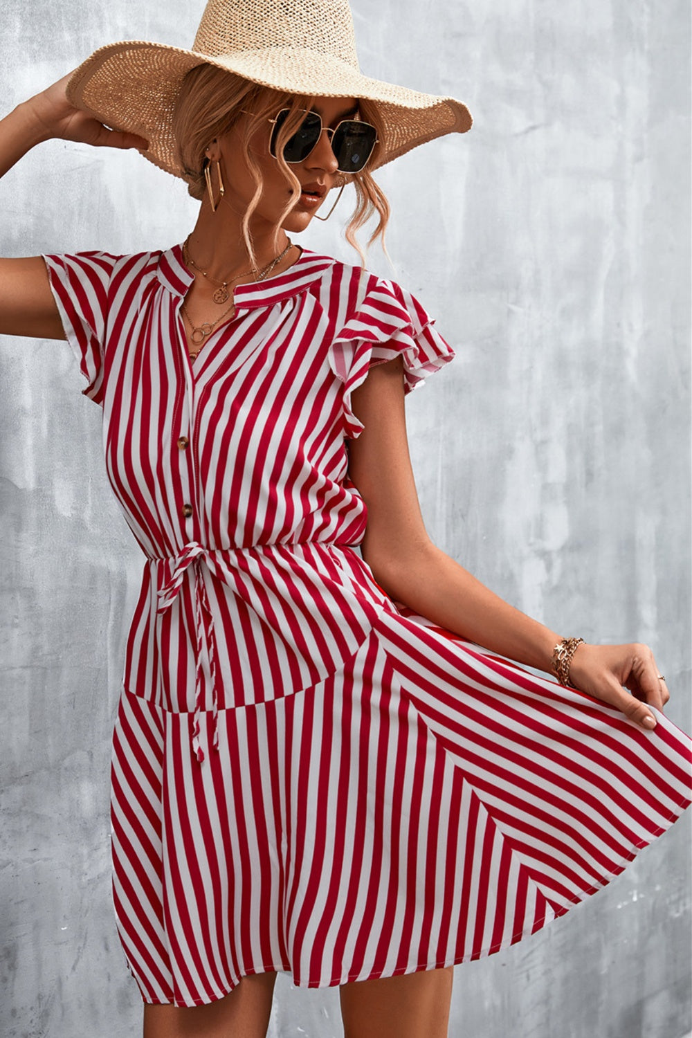 Ruffled Striped Cap Sleeve Mini Dress-Teresa&#39;s Fashionista LLC