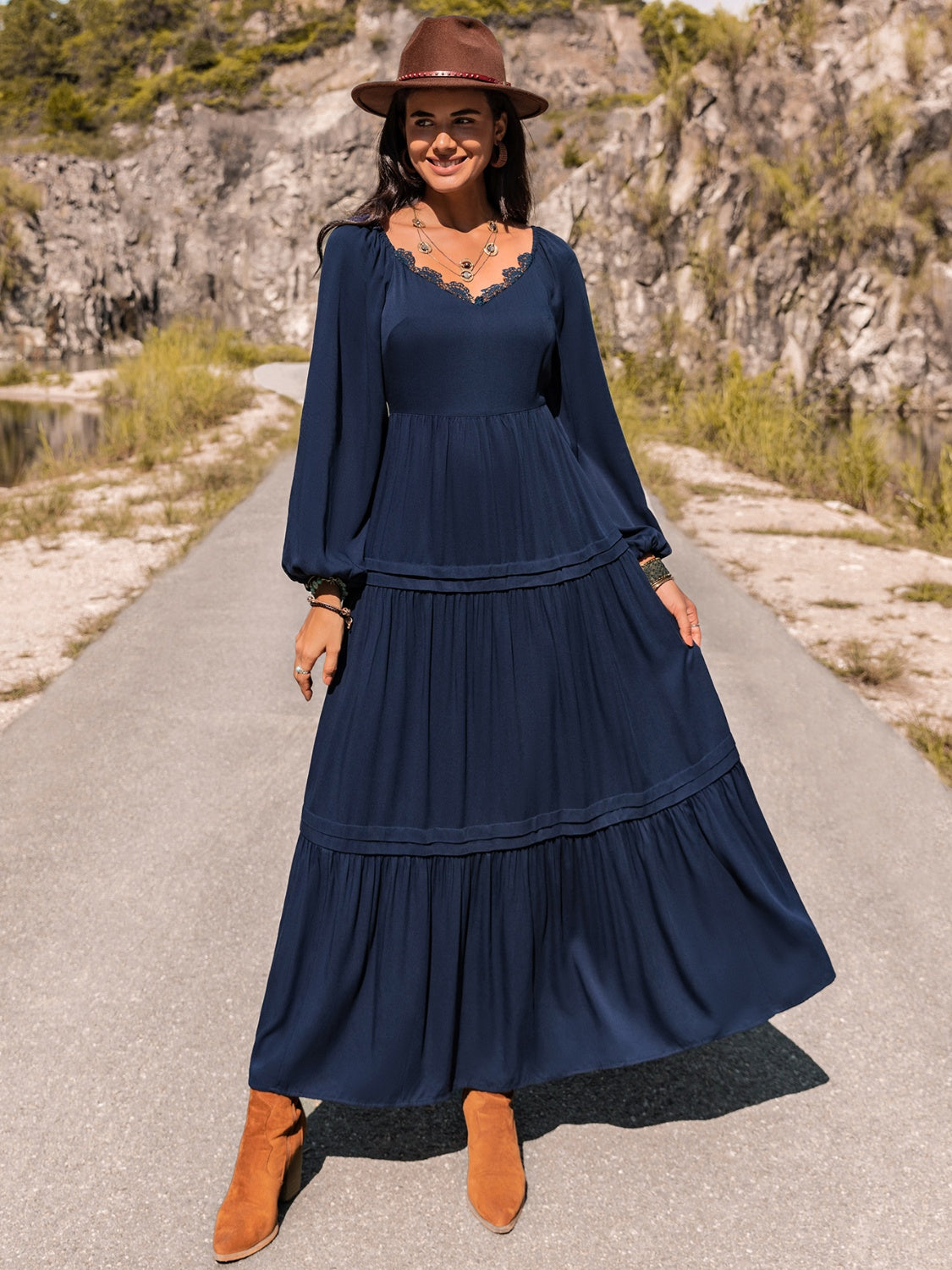 Long Sleeve Lace Trim Maxi Dress-Teresa&#39;s Fashionista LLC