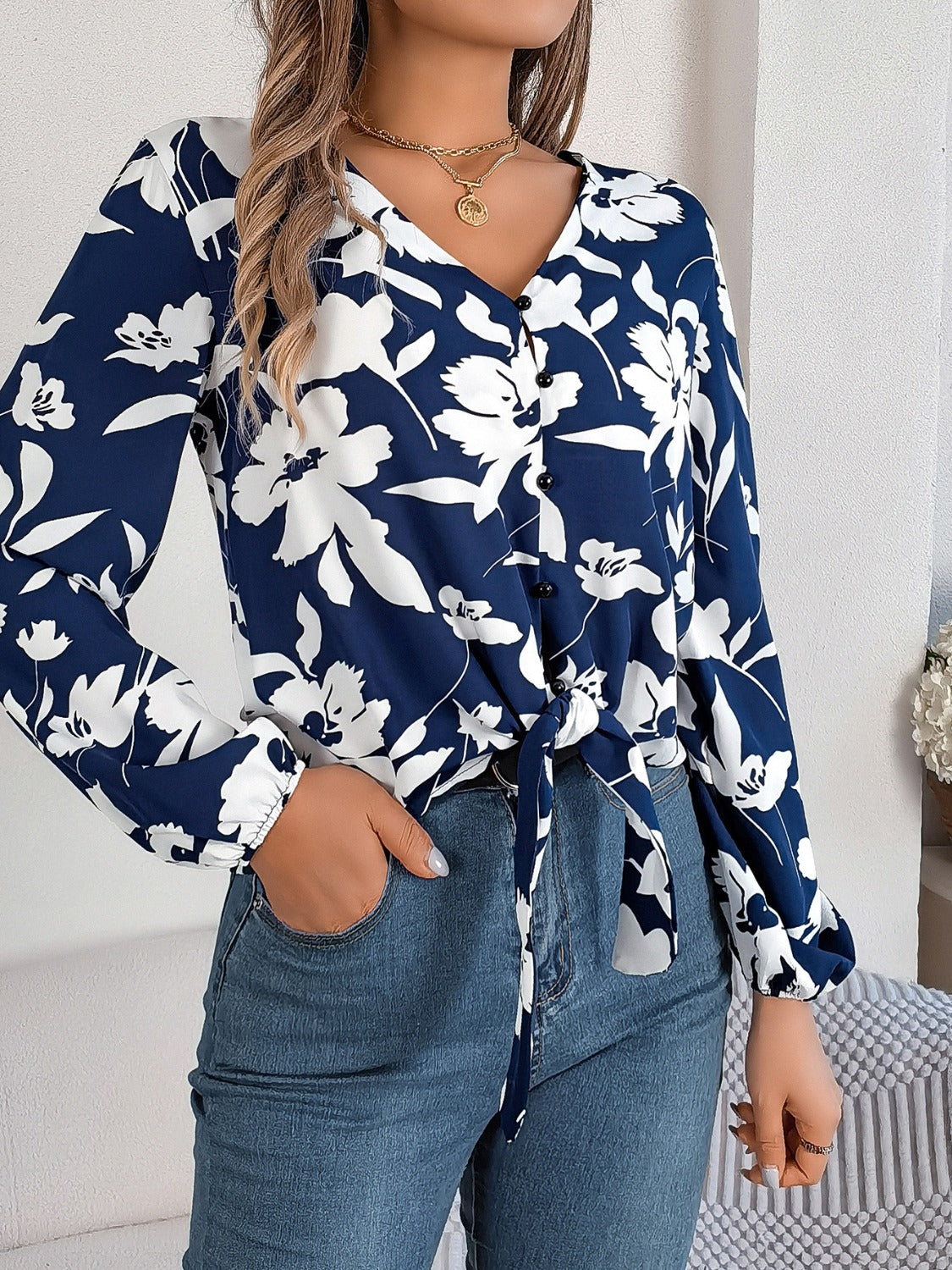 Printed V-Neck Long Sleeve Blouse-Teresa&#39;s Fashionista LLC