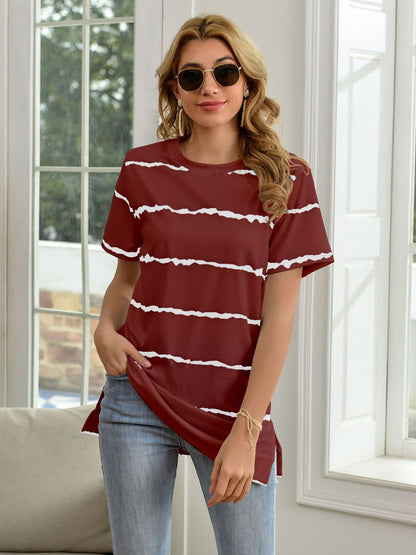 Striped Round Neck Short Sleeve T-Shirt-Teresa&#39;s Fashionista LLC