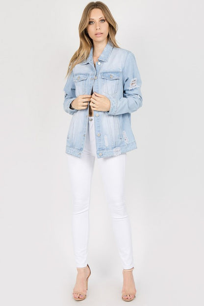 American Bazi Letter Patched Distressed Denim Jacket-Teresa&#39;s Fashionista LLC