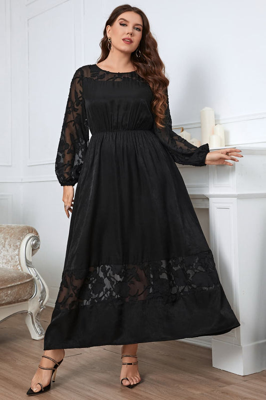 Melo Apparel Plus Size Embroidery Round Neck Long Sleeve Maxi Dress-Teresa&#39;s Fashionista LLC