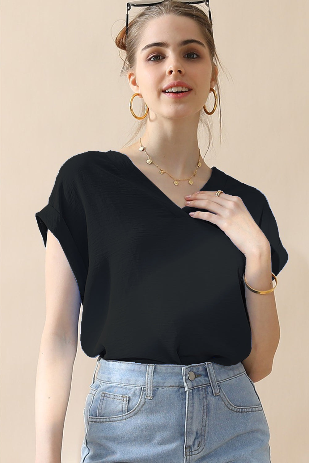 Ninexis V-Neck Trim Rolled Short Sleeve Shirt-Teresa&#39;s Fashionista LLC