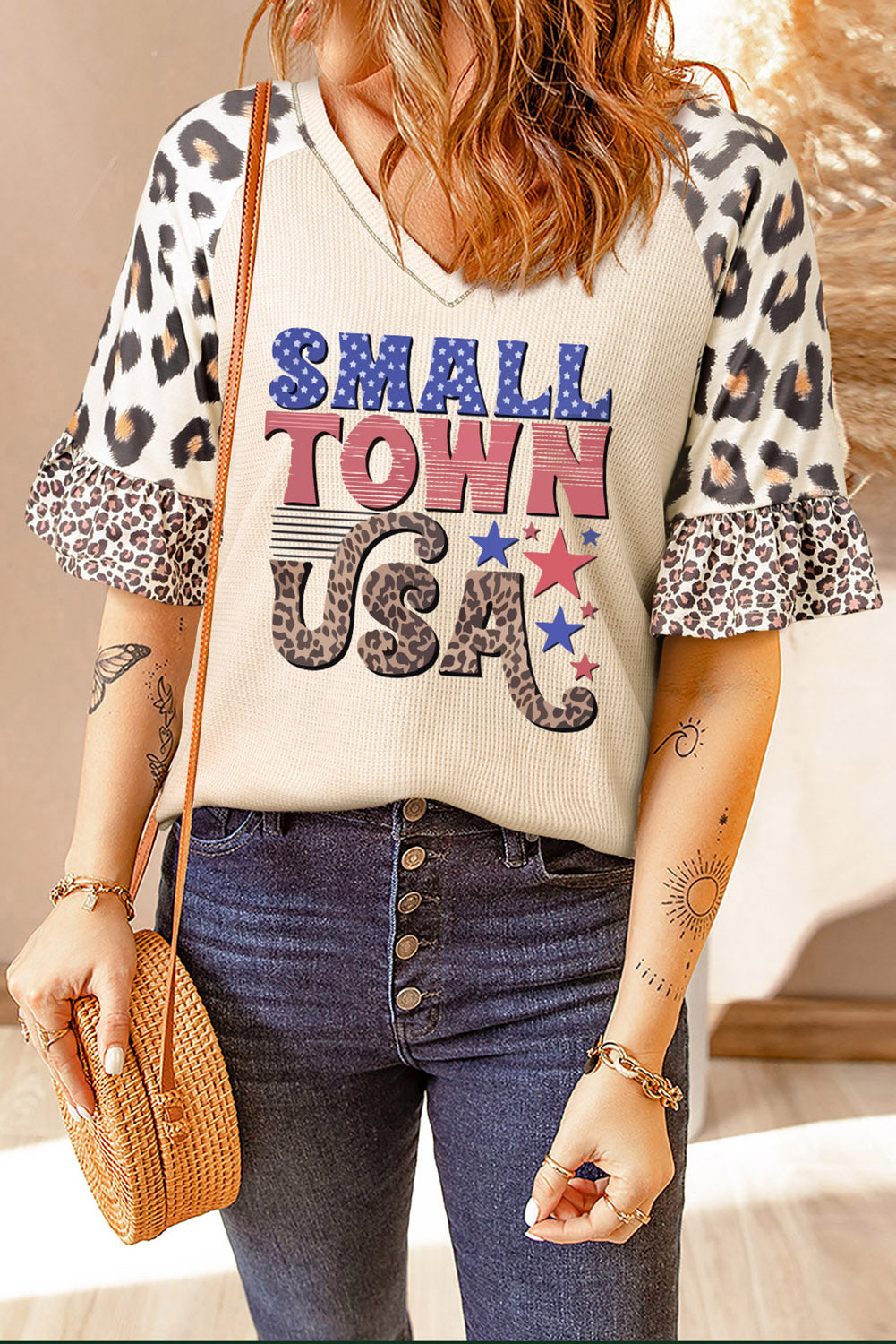 SMALL TOWN USA Graphic Leopard V-Neck Top-Teresa&#39;s Fashionista LLC