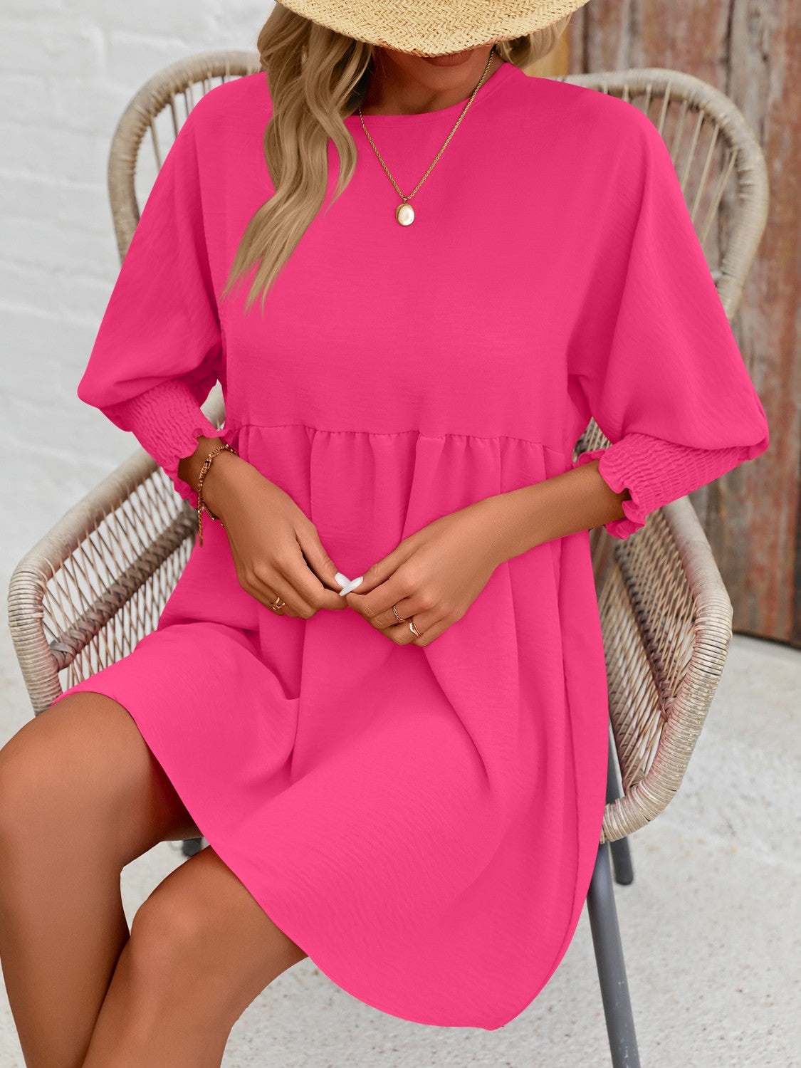 Round Neck Lantern Sleeve Mini Dress-Teresa&#39;s Fashionista LLC