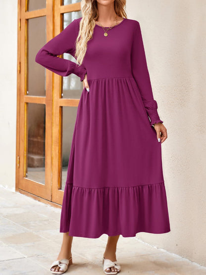 Round Neck Lantern Sleeve Ruffle Hem Dress-Teresa&#39;s Fashionista LLC