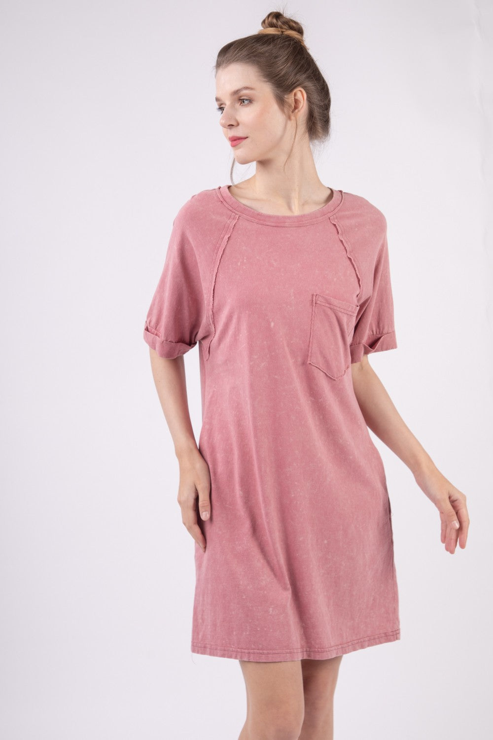 VERY J Washed Round Neck Mini Tee Dress-Teresa&#39;s Fashionista LLC