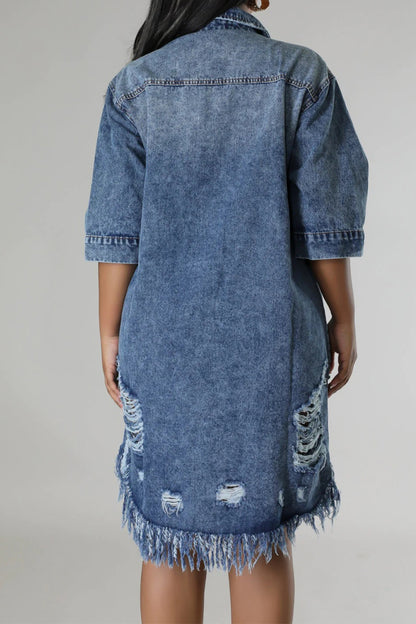 Distressed Raw Hem Button Up Denim Dress-Teresa&#39;s Fashionista LLC